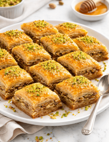 Crispy homemade Baklava on a white plate with ground pistachios and a spoon, sweet Middle Eastern dessert