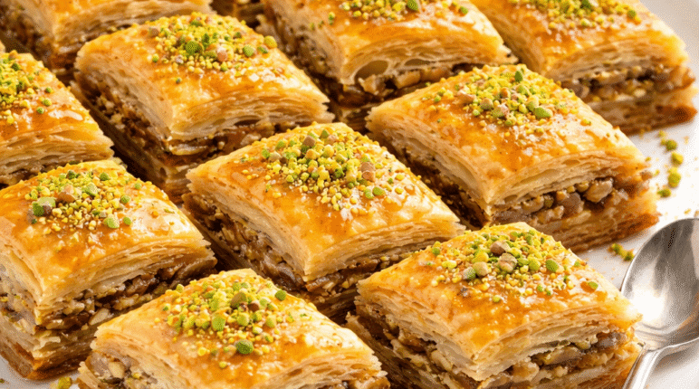 Crispy homemade Baklava on a white plate with ground pistachios and a spoon, sweet Middle Eastern dessert