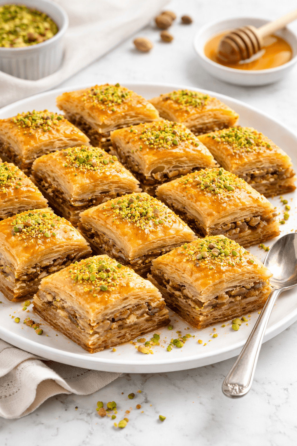 Crispy homemade Baklava on a white plate with ground pistachios and a spoon, sweet Middle Eastern dessert