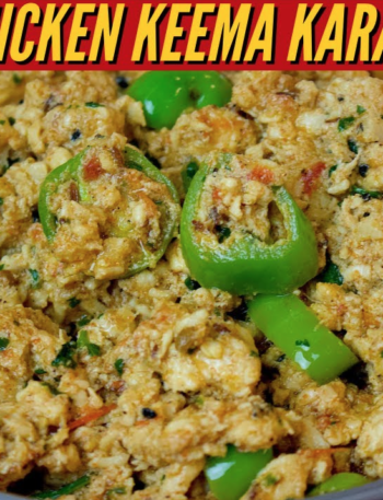 Delicious and spicy Chicken Keema Karahi garnished with fresh coriander and green chilies, served in a traditional karahi.