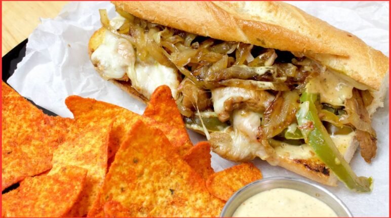 Delicious homemade chicken and cheese Subway sandwich with caramelized onions, mozzarella cheese, and special sauce.