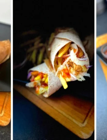 Spicy chicken wrap filled with grilled chicken, garlic sauce, fries, and fresh veggies