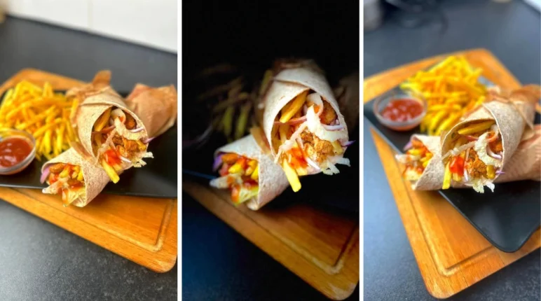 Spicy chicken wrap filled with grilled chicken, garlic sauce, fries, and fresh veggies