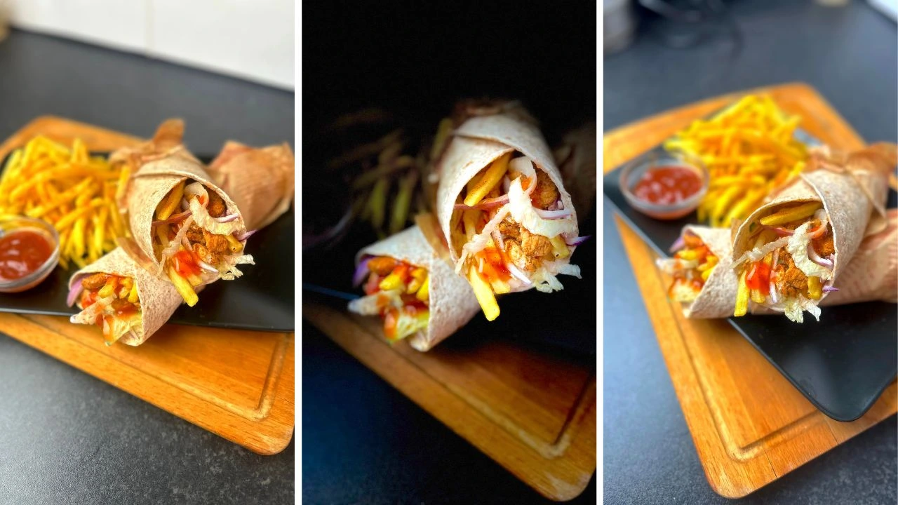 Spicy chicken wrap filled with grilled chicken, garlic sauce, fries, and fresh veggies