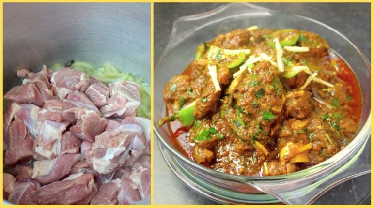 Pakistani mutton curry garnished with coriander and green chillies